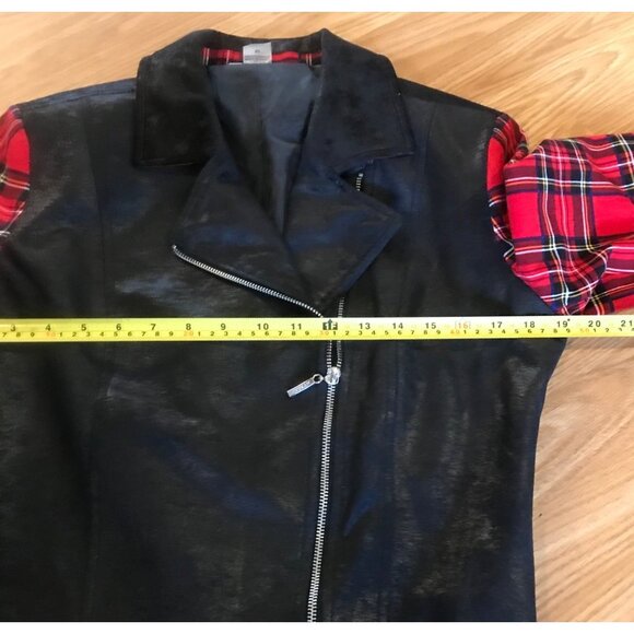Womens Nygard Shirt Zip Front Medium Black Faux Leather & Red Plaid Long Sleeve - Picture 10 of 11